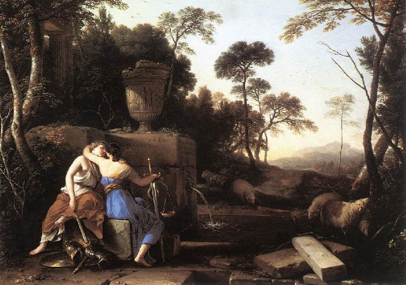 LA HIRE, Laurent de Landscape with Peace and Justice Embracing st oil painting image